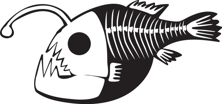 Silhouette Halloween deep sea fish angler with roentgen skeleton bones, fairy tale creepy character. Scary shadow outline of sea fish angler. Simple black and white Vector isolated on white background
