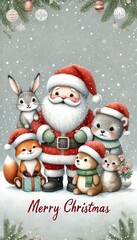 Celebrate the joy of Christmas with this adorable illustration featuring Santa and cheerful woodland animals in a snowy setting.
