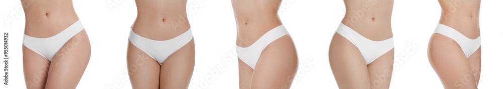 Canvas Prints Woman showing her perfect body on white background, closeup. Collection of photos