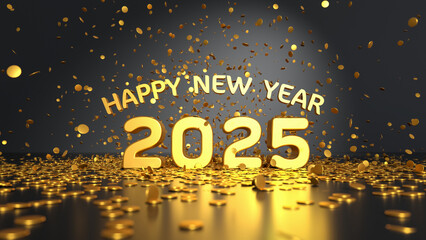 happy new year 2025 golden text on dark gray background surrounded by golden confetti
