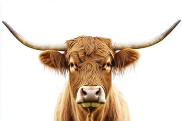 Naklejka premium Highland cattle on an isolated white background. Highland cattle are known for their long hair and long, curved horns.