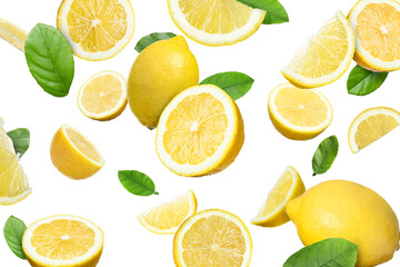 Fresh juicy lemons and green leaves falling on white background