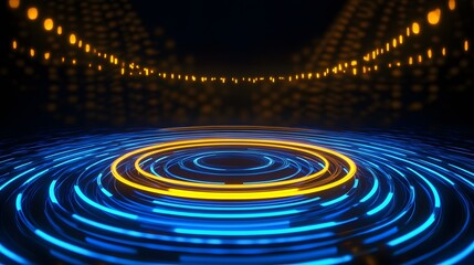 Fototapeta premium Technology yellow and blue circle light stage on black background