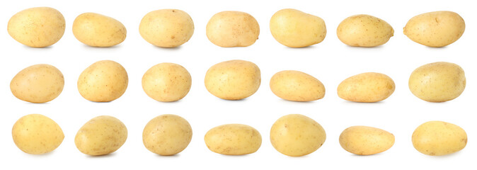 Many whole potatoes isolated on white, set