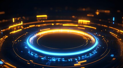 Obraz premium Technology yellow and blue circle light stage on black background