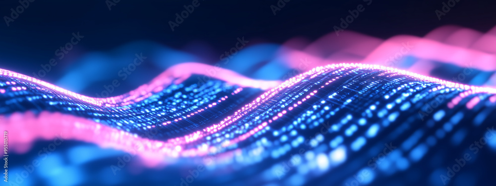 Poster abstract visualization of tech data stream with flowing wavy lines in pink and blue, computer digita