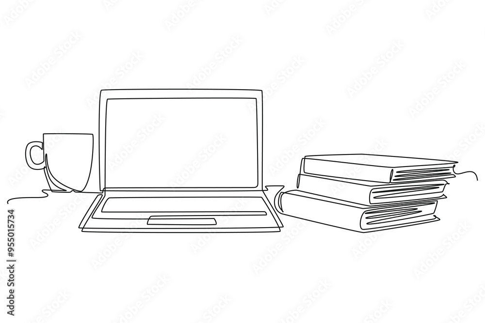 Fototapete Single one line drawing of computer laptop, paper cup of coffee and open book on office table desk. College student study learning desk. Modern continuous line draw design graphic vector illustration