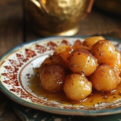 A serving of loukoumades, Greek honey puffs drizzled with honey and sprinkled with cinnamon, served on a decorative plate