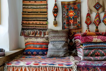 Colorful folded woven textiles in a market