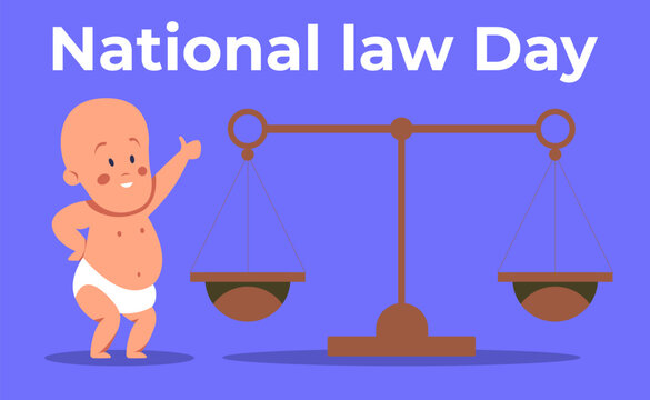 National law day with baby and scales of justice. Justice will prevail. Flat vector illustration.