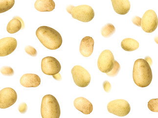 Fresh potatoes in air on white background