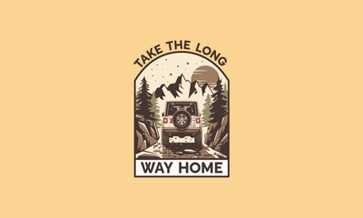 A jeep driving through mountains and forest with text "Take the Long Way Home."