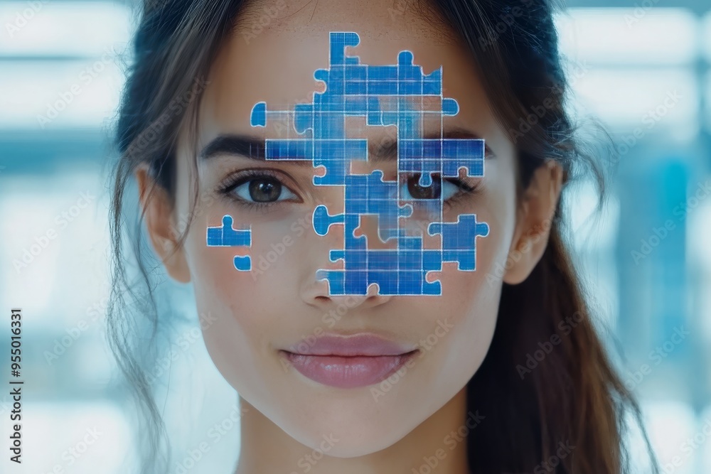 Poster Vascular dementia Insight Cinematic portrait of a woman with a face made of digital puzzle pieces symbolizing the fragmented nature of identity in the digital age