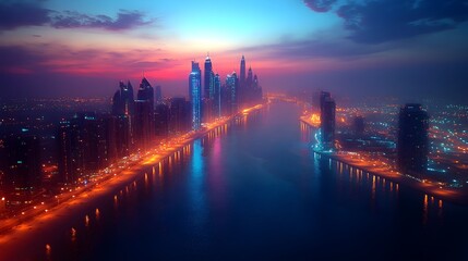 Fototapeta premium Stunning Futuristic Cityscape at Twilight with Illuminated Skyline,Bridges,and River Reflections