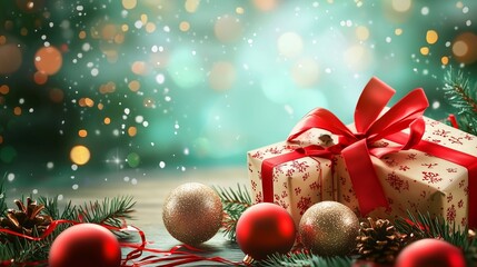 Obraz premium Art christmas festive background with christmas balls and gift b.