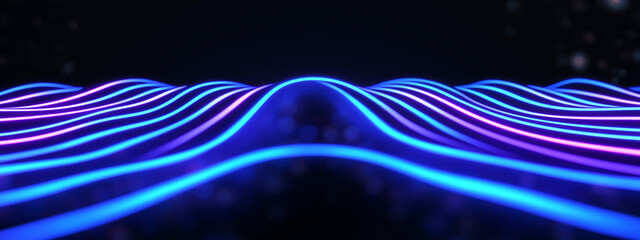 Abstract Visualization of Tech Data Stream with Flowing Wavy Lines in Pink and Blue, computer digital screen background