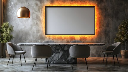A contemporary dining room with a marble table, stylish chairs, and a blank wall frame as the centerpiece, with a modern pendant light casting a warm glow