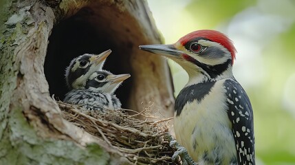 Baby Woodpecker Peering from Nest in Tree Cavity