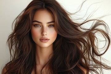 Naklejka premium A young woman with flowing brown hair and striking green eyes gazes intently at the camera, her natural beauty enhanced by minimal makeup ideal for beauty, hair care
