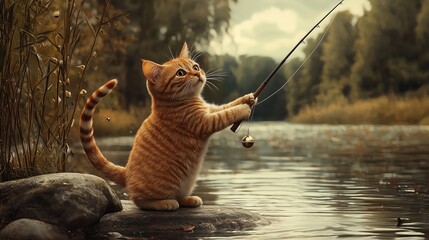 Funny image of a cat fishing. conceptually analogous with the te.