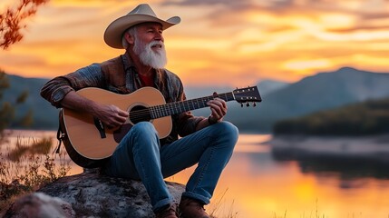 Obraz premium Talented Guitarist Serenades Serene Mountain Lakeside at Scenic Sunset