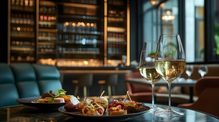 Fototapeta premium A refined wine and tapas presentation in a luxurious deep-toned lounge
