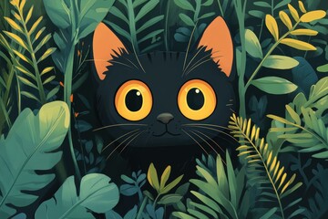 An adorable black cat with large, curious yellow eyes peeks through lush green foliage, creating a sense of mystery and playfulness perfect for use in themes of nature, curiosity, or playful animals,