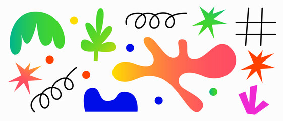 Whimsical abstract geometric shapes and textured organic shapes. Modern contemporary fluid abstract organic textured shapes, various organic shapes and doodles. Flat vector illustration.