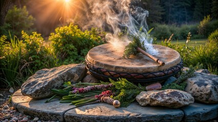 Smoking Herbs on Drum in Outdoor Shamanic Ceremony at Sunrise