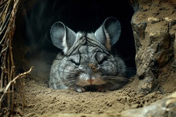 A Grey Chinchilla Resting in a Sand-Filled Burrow