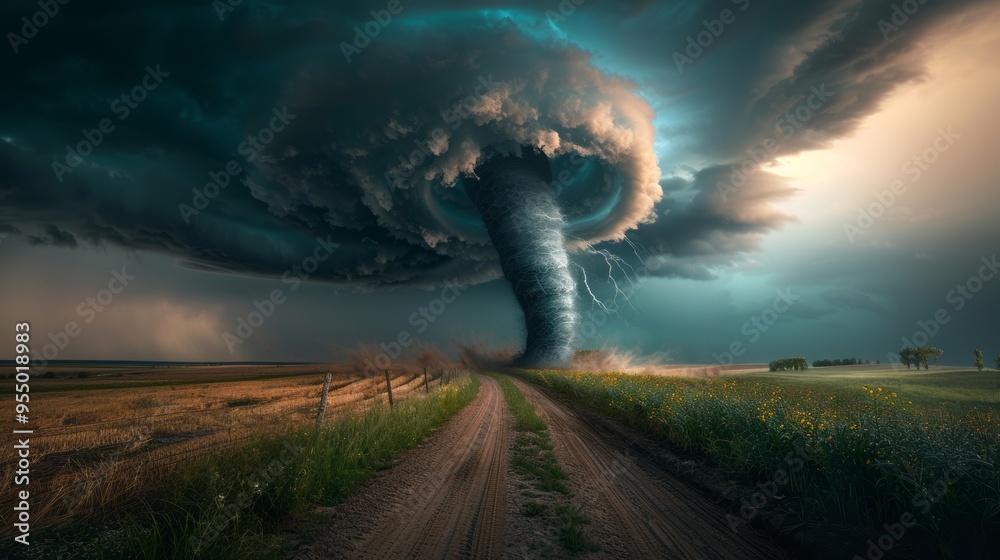 Poster a tornado is blowing through a field of grass