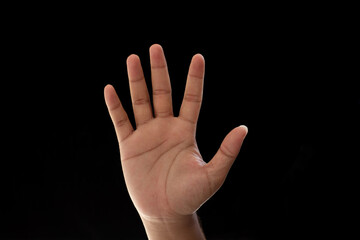 Close-up of palm with five fingers spread showing number 5, waving or stop. Photo isolated on black background