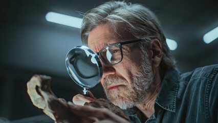 Mature archaeologist studies bones of prehistoric human or animal using magnifying glass. Historian...