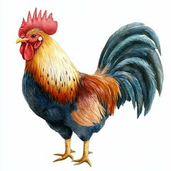 Fototapeta premium A vibrant watercolor illustration of a rooster with detailed plumage, ideal for use in agricultural, culinary, or nature-themed publications and designs,