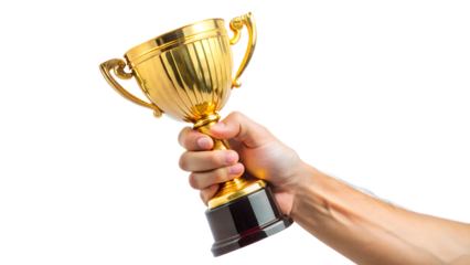 winner holding the golden trophy, winning concept, competition, isolated, AI generated