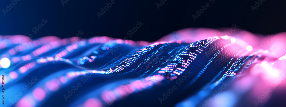 Poster abstract visualization of tech data stream with flowing wavy lines in pink and blue, computer digita