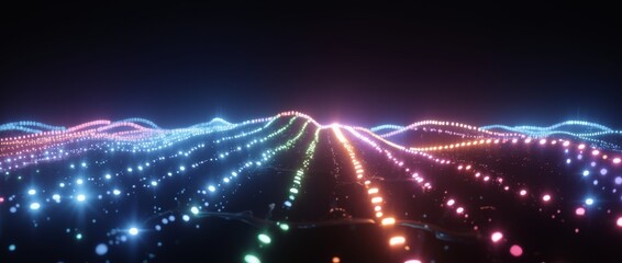 Futuristic Digital background with glowing particles and lines symbolizing data transfer in cyberspace. Ideal for tech, AI, and graphics themes.