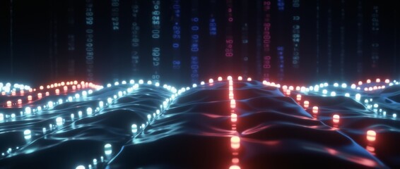 Futuristic Digital background with glowing particles and lines symbolizing data transfer in cyberspace. Ideal for tech, AI, and graphics themes.