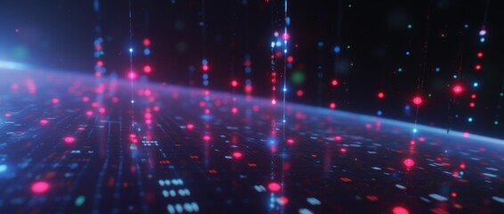 Futuristic Digital background with glowing particles and lines symbolizing data transfer in cyberspace. Ideal for tech, AI, and graphics themes.