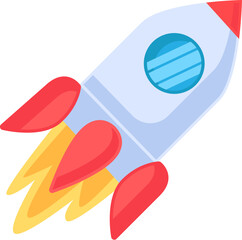 Vector flying rocket in a colorful flat style. Development, professional growth symbol. The icon is suitable for web design, online shop, print, and social media posts. Business element clipart isolat