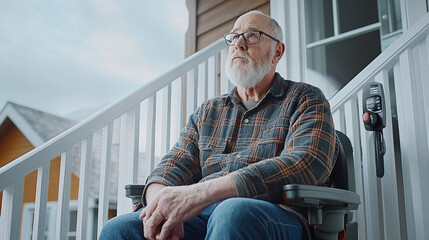 Senior man using stairlift in his home, looking thoughtful and contemplative.