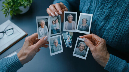 Organizing family photos brings joy and nostalgia, showcasing cherished memories. hands of senior woman hold various photographs, reflecting love and connection.