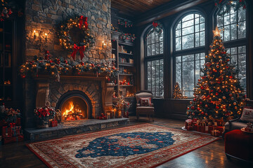Obraz premium Christmas tree and decorations next to fireplace