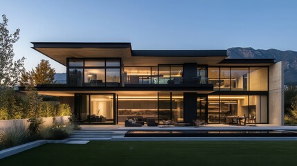 Fototapeta premium Luxury property , Modern architecture , High-end geometric residence for sale , Luxury property with rooftop terrace and panoramic views , Modern concrete and glass home with sharp angles