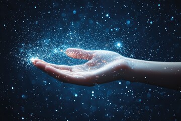 Fototapeta premium A hand outstretched glowing ethereally filled with galaxies and star clusters