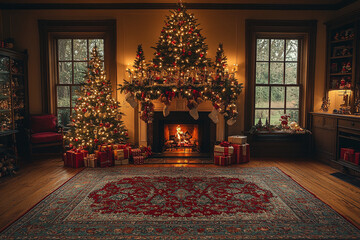 Christmas tree and decorations next to fireplace