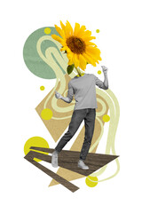 Collage vertical picture of headless human guy dancing sunflower dancing positive rhythm vibe...
