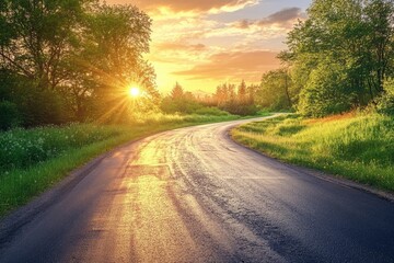 Fototapeta premium Serene Asphalt Road at Sunrise , ai