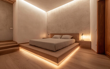 Fototapeta premium Modern bedroom interiors in beige colors with an elegant bed and warm led lighting