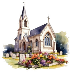 Watercolor Painting of a Church in a Graveyard
